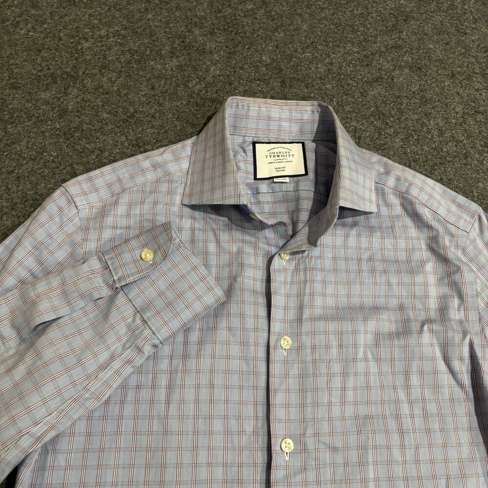 Charles Thyrwitt Button Shirt Size 15.5 Slim Fit Blue Plaid Long Sleeve